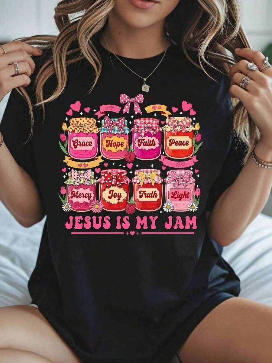Christian T-Shirt "Jesus Is My Jam" With A Design Of A Jar Of Faith, Hope, Grace, Peace, Mercy, Joy, Truth, And Light For Women. Religious Gift For Christmas, Easter, And Everyday Wear. Cotton T-Shirt. - 黑色 - 查看 1