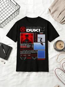 Latin Rapper BUKI Ameri Red-Black Retro Magazine Style Graphic Cotton Summer T-Shirt - 黑色 - 查看 1