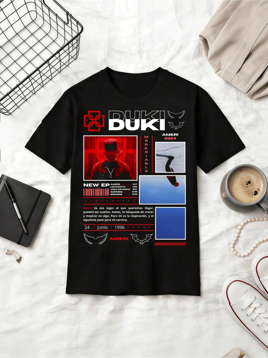 Latin Rapper BUKI Ameri Red-Black Retro Magazine Style Graphic Cotton Summer T-Shirt - 黑色 - 查看 1
