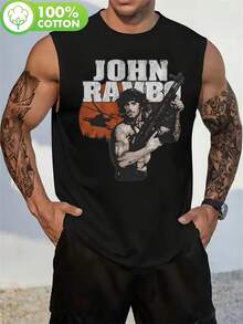 Camiseta sin mangas casual para hombre con estampado de estilo acción, ideal para entrenamiento físico y verano - Negro - Ver 1