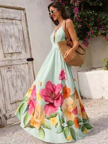 xheVivid Eden Vestido de mujer con estampado floral, cintura ceñida, escote halter y espalda descubierta, adecuado para vacaciones de veranoxhe - Verde - Ver 3