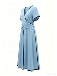 V-Neck Ruffle Sleeve Flare Dress, Summer Vacation Elegant - Baby Blue - View 3