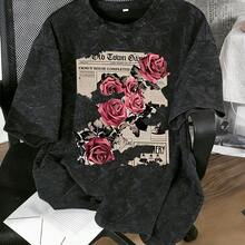 Kaos lengan pendek motif kepingan salju ini dirancang untuk anak perempuan, dihiasi dengan pola cetak huruf merah mawar yang unik, dipadukan dengan desain leher bulat yang lembut; ini adalah atasan kasual berwarna hitam. - Hitam - View 4
