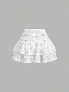 Falda mini casual y de resort Y2K con dobladillo de doble capa y ribete de volantes de unicolor - Blanco - Ver 2