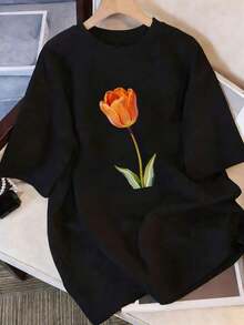 Comfortable Short-Sleeved Women's T-Shirt With A Bright Orange Tulip Design, Made Of Soft Fabric With A Loose Fit, Suitable For Daily Outings, Family Gatherings And Casual Wear, Adding A Vibrant Floral Element To Your Wardrobe, An Ideal Choice For Spring And Summer. - 黑色 - 查看 1
