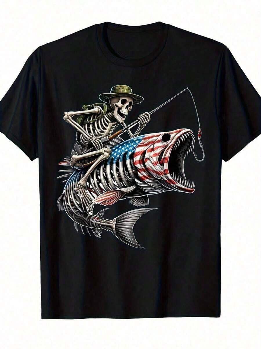 Men's Casual Short Sleeve T-Shirt With Fishing Print, American Flag, Hem, Skull And Skeleton | Comfortable Fit, Fun Design, Crew Neck, All-Season Wear, Minimalist Style Sweatshirt. 2JFU - 黑色 - 查看 1