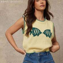 MewMuse.  Chaleco de punto con cuello redondo, tejido con puntadas múltiples y diseño de pez intarsia, ideal para primavera, resort, verano, uso casual, lindo, playa, vacaciones, Nashville, estilo vaquera, ropa occidental para mujer - Multicolor - Ver 8