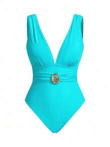 Swim Oasis Conjunto elegante de retro con estampado en espiral de un solo pieza de traje de baño coordinado con pantalón de pierna ancha, conjunto de vacaciones elegante para mujeres - verde menta - Ver 3