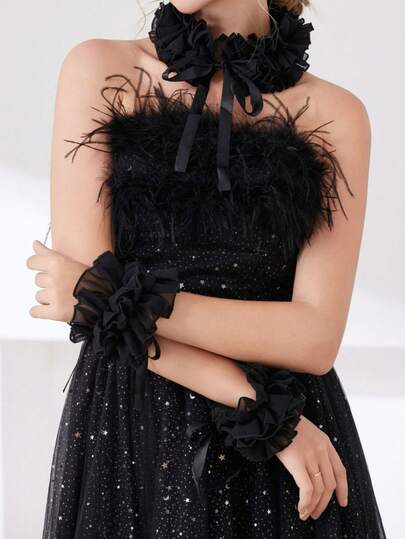 DA FEN QI MI MA Bộ 1 cổ áo giả và cổ tay áo bằng vải chiffon xếp nếp, chất liệu satin đen, có nơ, dùng để trang trí.