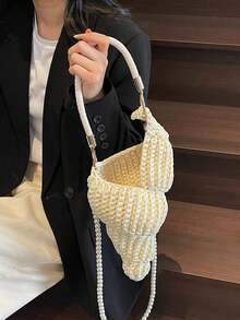 Hand-Woven Seashell Wallet - Crossbody Backpack Style, With Pearl Chain, Bohemian Style Pearl Chain Shoulder Strap, Women's Holiday Beach Accessory - Neon - View 6