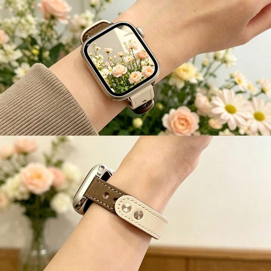 2pcs Minimalist Double-Sided Ultra-Soft Leather Watch Bands, Suitable For 38/40/41/42/44/45/46/49mm Watches, Brown & Beige Bicolor - Multicolor - View 1