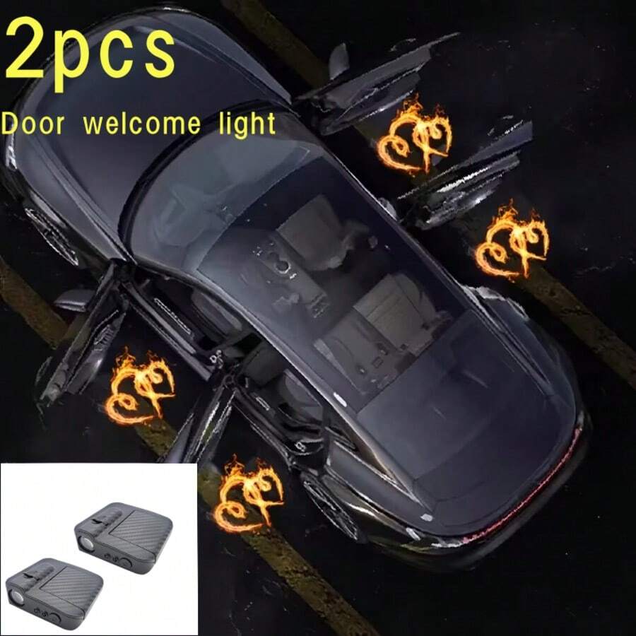 2Pcs Fire Heart Pattern Car Door Welcome Lights, Wireless LED Projector Courtesy Lamps, No-Drill Door Shadow Lights, Universal Fit For Most Vehicles, Battery-Operated (Batteries Not Included) - Flame Heart - View 1