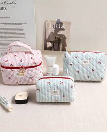 Bolsa de cosméticos acolchada con estampado de cerezas rojas, estilo coreano, a rayas tricolor, versátil y sencilla, para guardar objetos, para viajes. - Bolso octogonal rosa - Ver 4