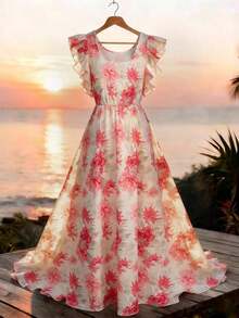 Vestido largo de verano para mujer, cuello redondo, mangas con volantes, cintura elástica, corte evasé, estampado floral digital, informal, para ir al trabajo, vacaciones, fiesta, vestido de verano - Multicolor - Ver 3