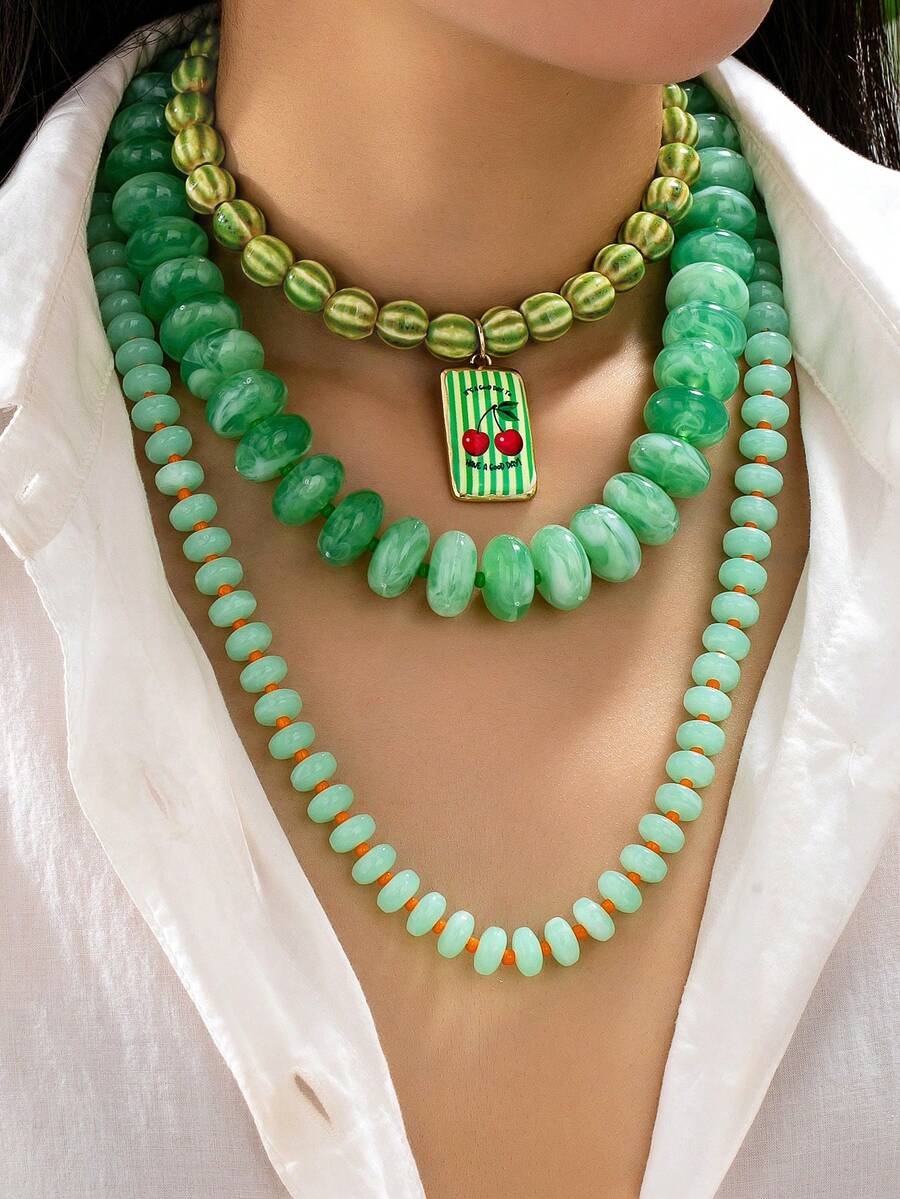 1/3Pcs Layered Green Resin Beaded Necklace For Women - Boho Choker With Cherry Pendant - 3PCS Bohemia Striped & Marbled Resin Beads Necklaces Set - Green - View 1