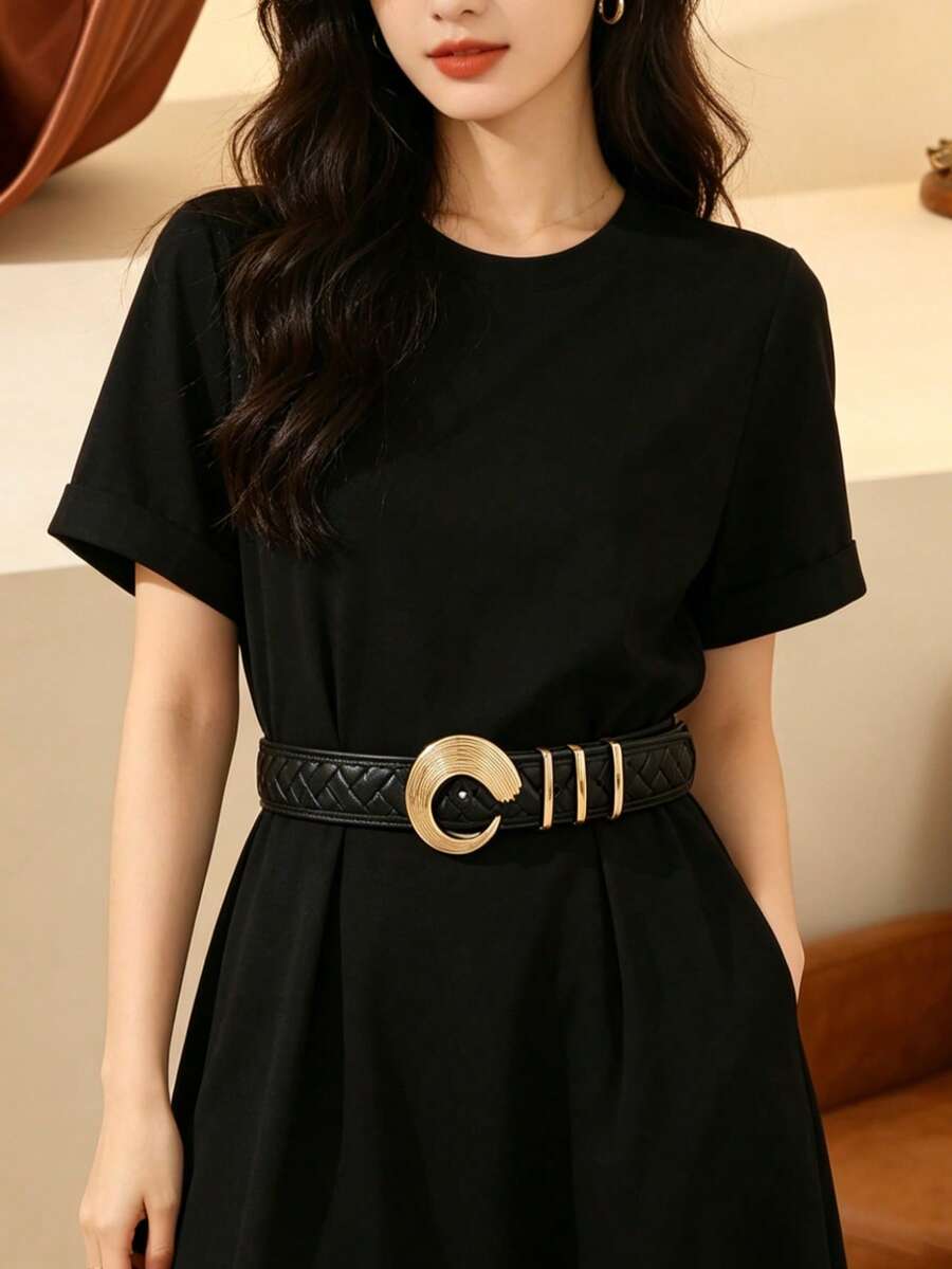 1pc French Quilted Diamond PU Women's Belt, Wavy C-Shaped Gold Buckle, Luxury Style Accessory For Suits And Dresses - Black - View 1