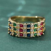 Women's Classic Colorful Synthetic Cubic Zirconia Round Ring, Gold Tone, Suitable For Daily Wear, Affordable, Ideal Gift Choice - Multicolor - View 5
