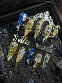 10片装尖头手工按压式亚克力美甲套装，蓝黄配色，银色猫眼，长款美甲，复古活力多巴胺风格，夏季美甲，Y2K风格美甲（包含：一片果冻胶和一条摩擦条）美甲用品 - 彩色 - 查看 3