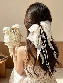 1pc Bowknot Long Ribbon Floral Bowknot Ponytail Claw Clip, Elegant Hair Accessory For Half-Up Hairstyle - Multicolor - View 1