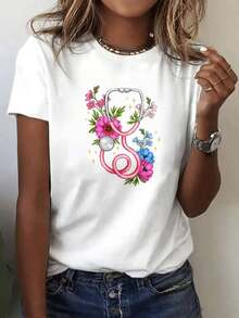 Women's White T-Shirt With Stethoscope, Flclothesal Design For Nurses And Doctors, Casual Women's Clothing, Short Sleeve T-Shirt, Modern Style, Women's Sportswear, Casual Blouses For Ladies - 白色 - 查看 1