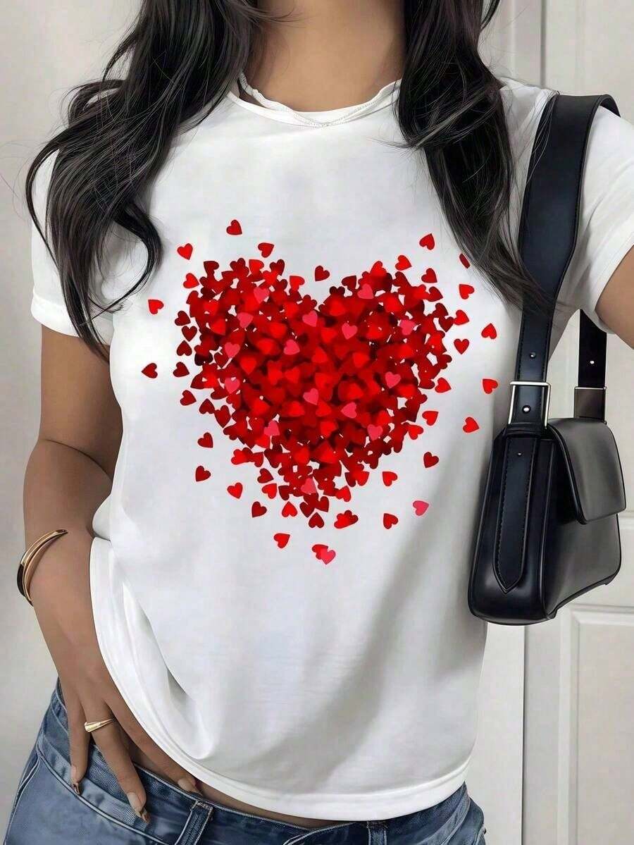 Short-Sleeved T-Shirt With Red Heart Print, Black T-Shirt With Love Print For Valentine's Day, Casual Top With A Romantic And Cute Aesthetic Touch. - 白色 - 查看 1