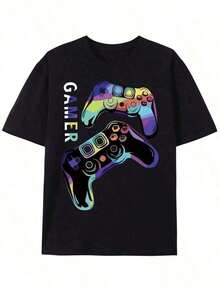 Camiseta de Cuello Redondo con Estampado de Consola de Juegos para Hombre, Ajuste Cómodo, Manga Corta Deportiva, Transpirable y Versátil para Verano y Primavera, Regalo Ideal - Negro - Ver 1