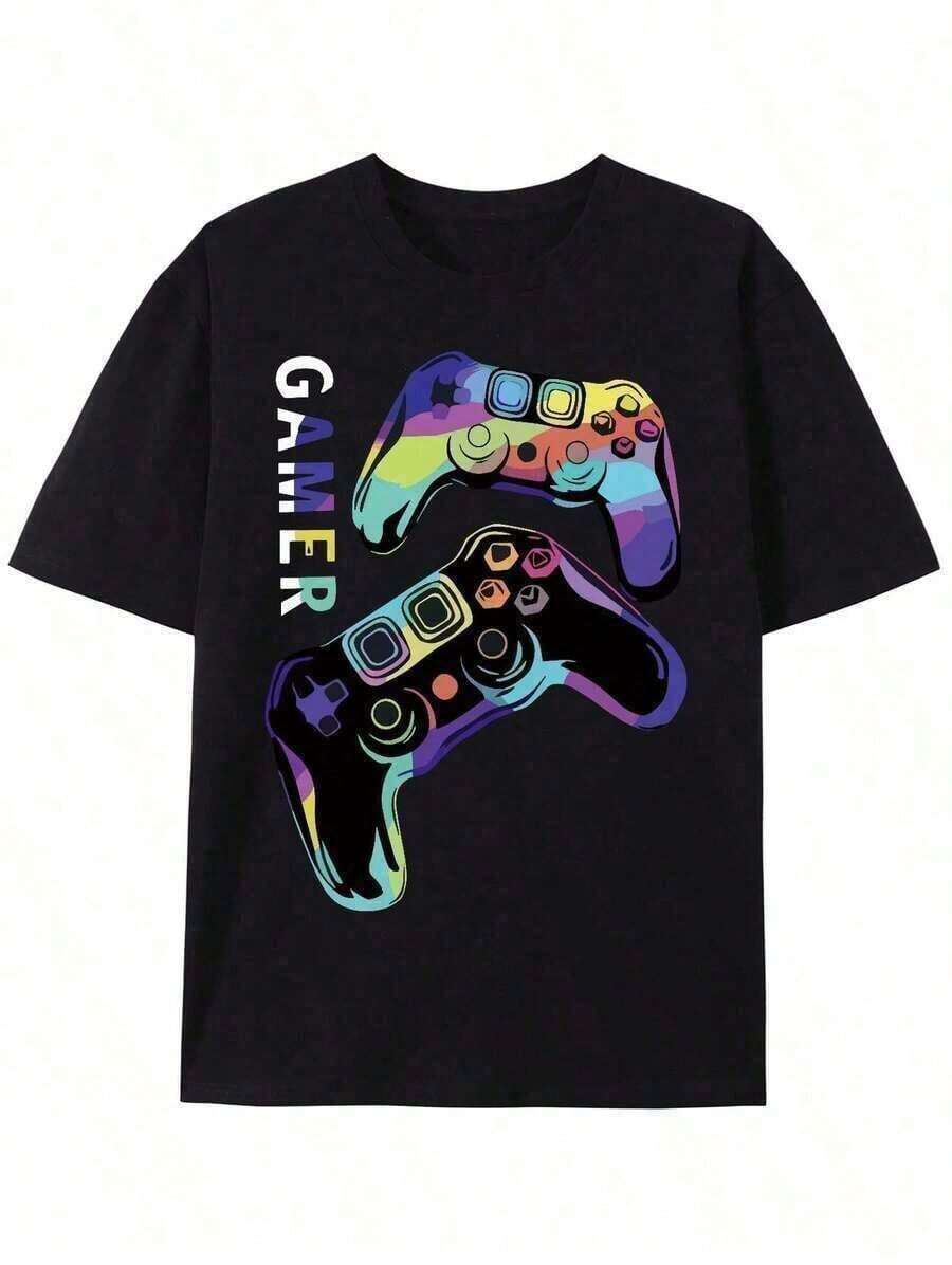 Camiseta de Cuello Redondo con Estampado de Consola de Juegos para Hombre, Ajuste Cómodo, Manga Corta Deportiva, Transpirable y Versátil para Verano y Primavera, Regalo Ideal - Negro - Ver 1