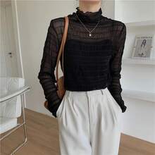 Women's Slim Black Lace Shirt, Spring-Autumn, Sexy, High Neck, Long Sleeve, Fitted, With Crochet Patches, Fashion Blouse - PSZWB024-黑色 - 查看 1