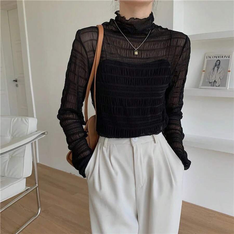 Women's Slim Black Lace Shirt, Spring-Autumn, Sexy, High Neck, Long Sleeve, Fitted, With Crochet Patches, Fashion Blouse - PSZWB024-黑色 - 查看 1