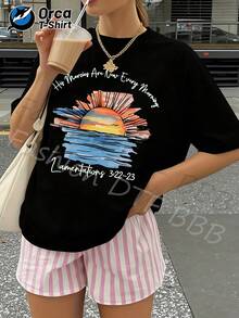Women's Casual Summer T-Shirt, New Collection, Sunrise And Script Print, Regular Fit, 100% Cotton, 180 Gsm, Orca Brand. Suitable For Summer Leisure, Outdoor Activities, Sports, Vacations, Gifts, And Other Occasions. - 黑色 - 查看 12