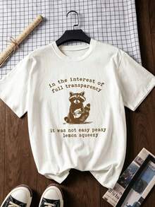 White Short-Sleeved Polyester T-Shirt With A Raccoon And Letter Print, Perfect For A Casual Summer Look, Back-To-School Inspiration, A Must-Have For The First Day Of School, A Great Summer T-Shirt. Casual T-Shirts For Women, Basic T-Shirts For Women, Polyester T-Shirts For Women, Loose-Fitting T-Shirts, Fun Minimalist T-Shirts, Letter T-Shirts For Women, Printed T-Shirts, Limited-Time Offers, New Arrivals Promotions, New Seasonal Arrivals, Limited-Time Offers, T-Shirts, Commemorative T-Shirts, Fun T-Shirts, Bohemian Style - 白色 - 查看 3