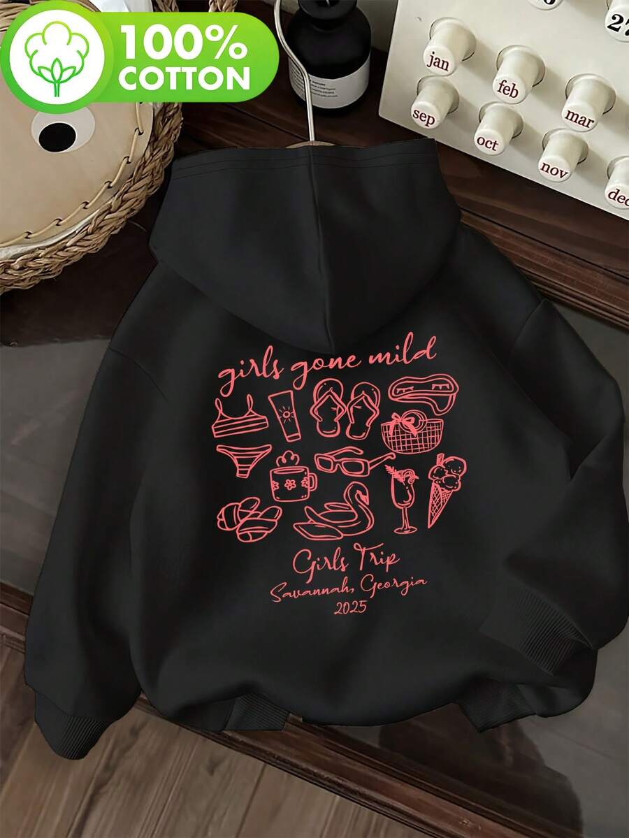 Bikini Figures With Summer Accessories Printed On The Back, 100% Cotton Hooded Sweatshirt, Casual Retro Fashion Style, Long-Sleeved Hooded Sweatshirt With Drawstring, Suitable For Commuting And Home Wear, Casual Wear For Autumn And Winter, A Great Gift Choice, Influencer Style - Black - View 1