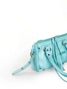 1pc Vintage Distressed Black Patchwork Rivet Studded Metal Tassel Zipper Decor Retro PU Material Belt Decor Rivet Studded Dual Top Handle Adjustable Shoulder Strap Zipper Closure Fashion Retro Sweet Chic Motorcycle Bag Y2K Punk Style Square Handbag For Women, Casual Low-Key Luxury Style Women Crossbody Bag Fits Phone, Card Holder, Suitable For Daily, Travel, Shopping , Punk - 淺藍色 - 查看 11