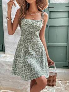 Women's Floral Print Tie Strap Mini Dress, Square Neck Ruched Bust A-Line Sundress, Casual Summer Beach Dress - Xanh lá nhạt - Xem 12