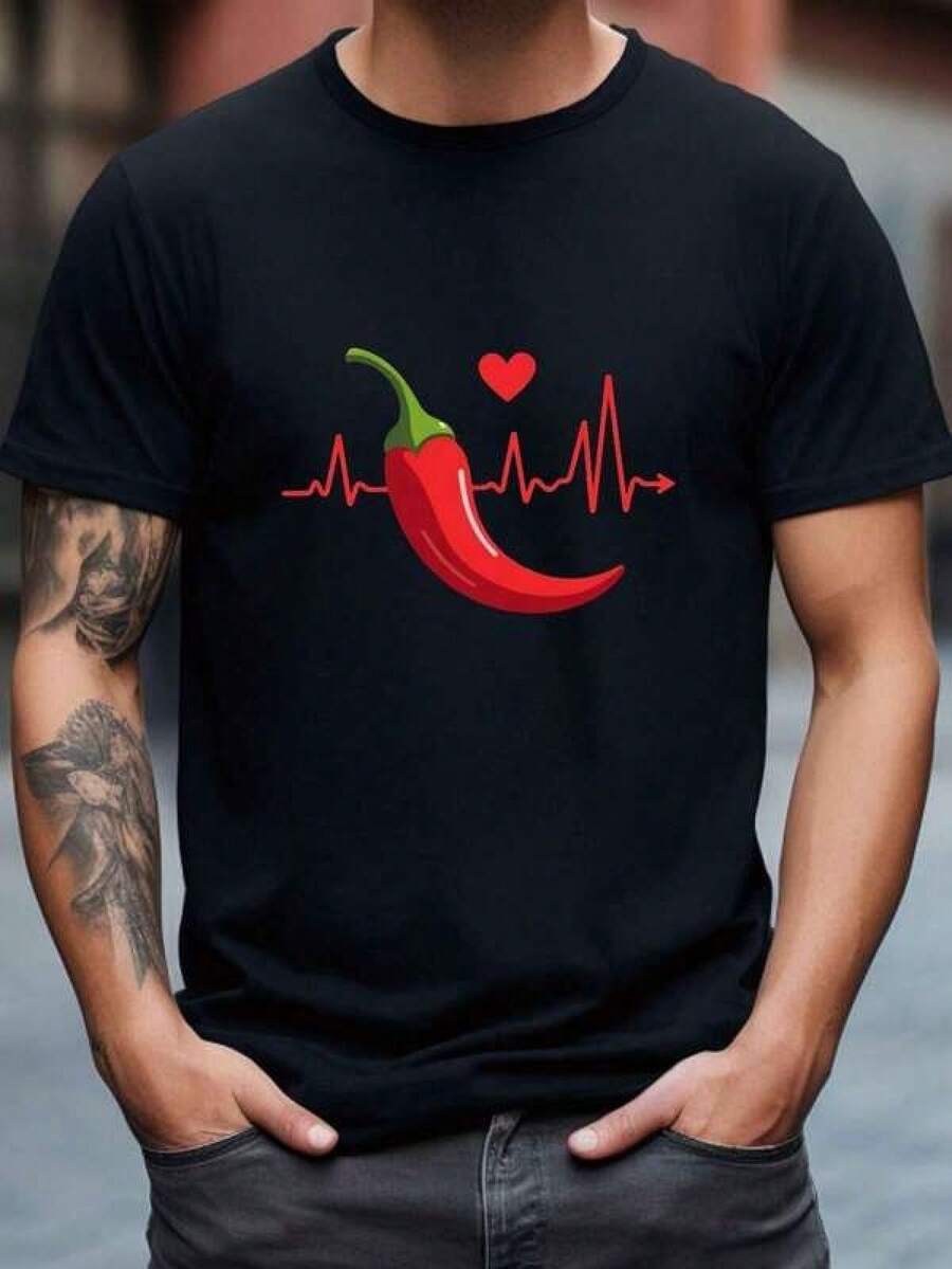 Men's Casual Short Sleeve T-Shirt With Pepper And Heartbeat Graphic - Breathable Cotton Blend, Crew Neck, Essential For Summer Outdoor Activities, Everyday Essentials, Leisure Wear, Stylish Design, Comfortable Fit, Short Sleeve T-Shirt, Printed Top - 黑色 - 查看 1