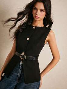 AYYPoéselle Chaleco de algodón para mujer con cinturón, diseño de cintura ceñida, bajo asimétrico, botones metálicos, de una sola hilera, sin mangas, blazer casual, negro, para usar en verano, atuendo de negocios para el verano, blazer mono para mujer, atuendo de trabajo, camisa abotonada, estilo retro para vacacionesAYY - Negro - Ver 5