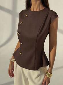 AYYAloruh Blazer de mujer minimalista de oficina/viaje con cuello redondo, sin mangas, cintura ceñida y decoración metálica, para primavera/veranoAYY - Marrón - Ver 9