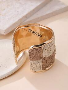 1pc Maillard Checkered Rattan Woven Bracelet, Metal Edged Open Bangle, Niche Design, French Casual Versatile Accessory. Unique, Quality, Niche Design, Suitable For Vacation, Party, Market And Daily Outfit. - Multicolor - View 6