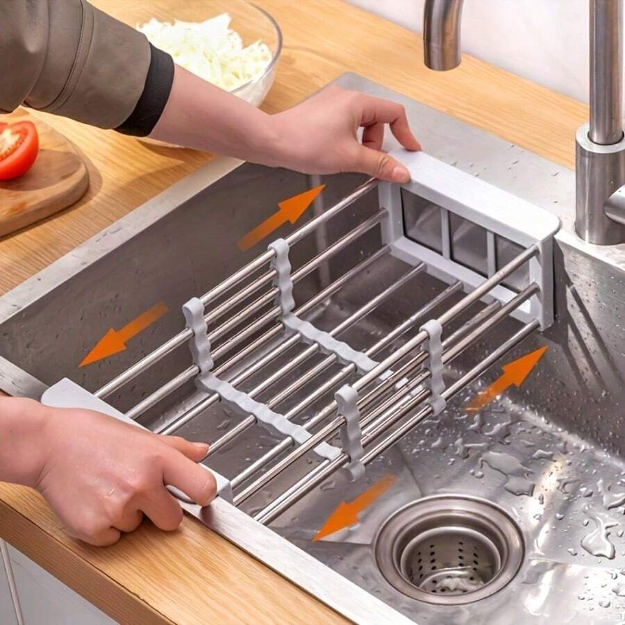 1PC Multifunctional Space-Saving  Stainless Steel Retractable Drainage Basket, Kitchen Sink Collapsible Drainer Rack, Fruit Vegetable Washing Storage Basket For Home Kitchen Countertop Apartment RV Daily Use