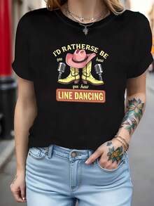 Plus Size Women's T-Shirt With Graphic Print "I'D RATHER SE BE LINE DANCING", Short Sleeve, Round Neck, Casual Top For Summer And Spring, Women's Clothing - 黑色 - 查看 5