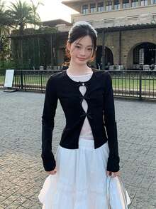 Korean Style Lace Hollow-Out Long Sleeve Fitted Top - Black - View 7