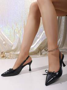 Summer Fashion Emcee Wedding Performance Teenager Party Vacation Versatile Pointed Toe Backstrap Bow Decor High Heel Sandals Suitable For All Teenagers - Black - View 4