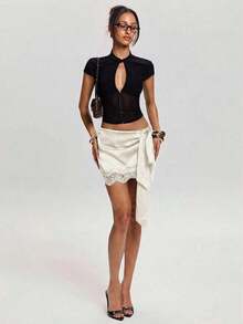Minifalda elegante de mujer con parches de encaje y cintura con lazo, para verano - Albaricoque - Ver 5