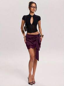 Minifalda elegante de mujer con parches de encaje y cintura con lazo, para verano - Morado - Ver 5