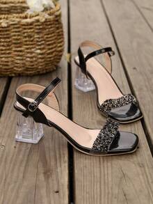 Glittering Rhinestone-Studded Heeled Sandals For Teens - Gold & Clear Strappy Party Shoes - Black - View 10