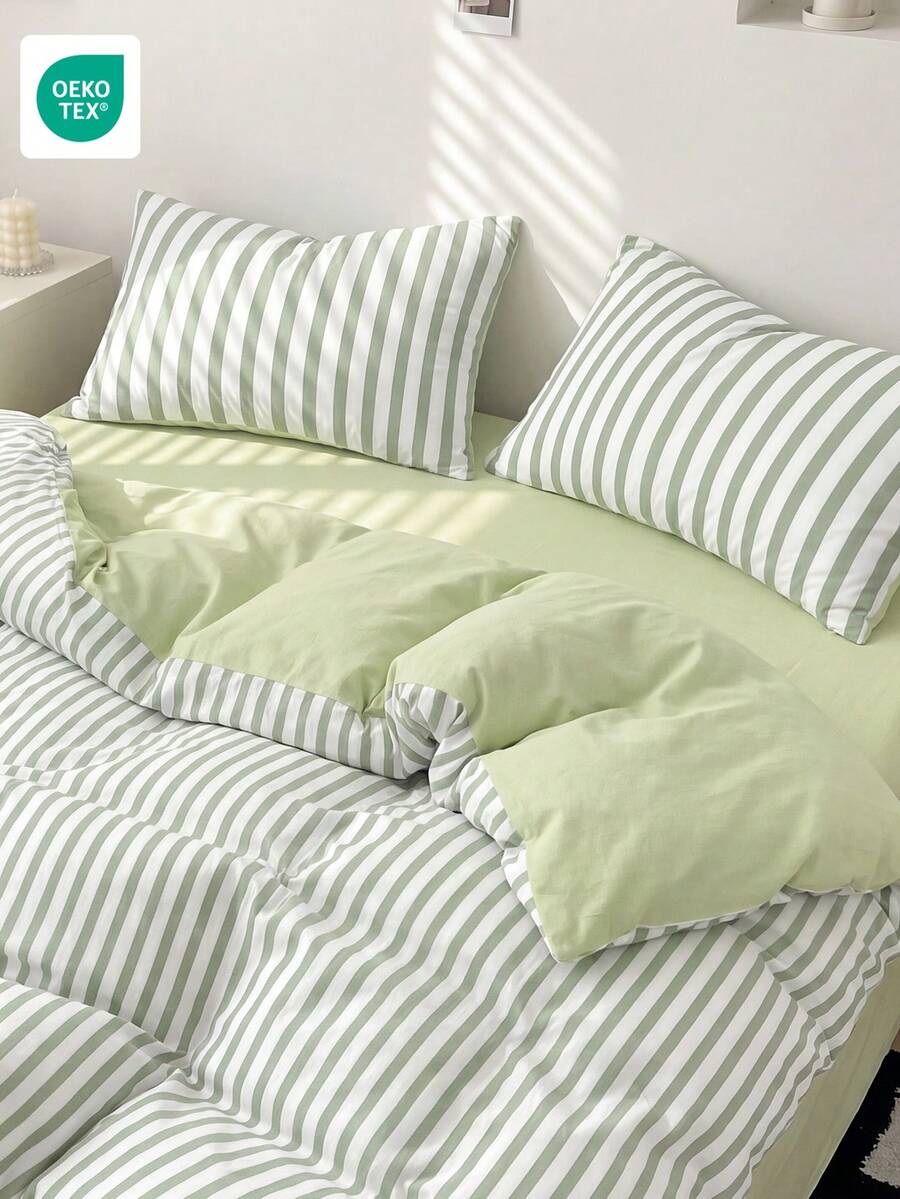 2/3pcs Duvet Cover Set, Home Textiles, Minimalist Style, Green & White Striped, Comfortable & Breathable Bedding Set, Soft & Anti-Pilling, Duvet Insert Not Included, Suitable For All Bed Sizes, All Seasons, Indoor Decor, Oeko-Tex Certified