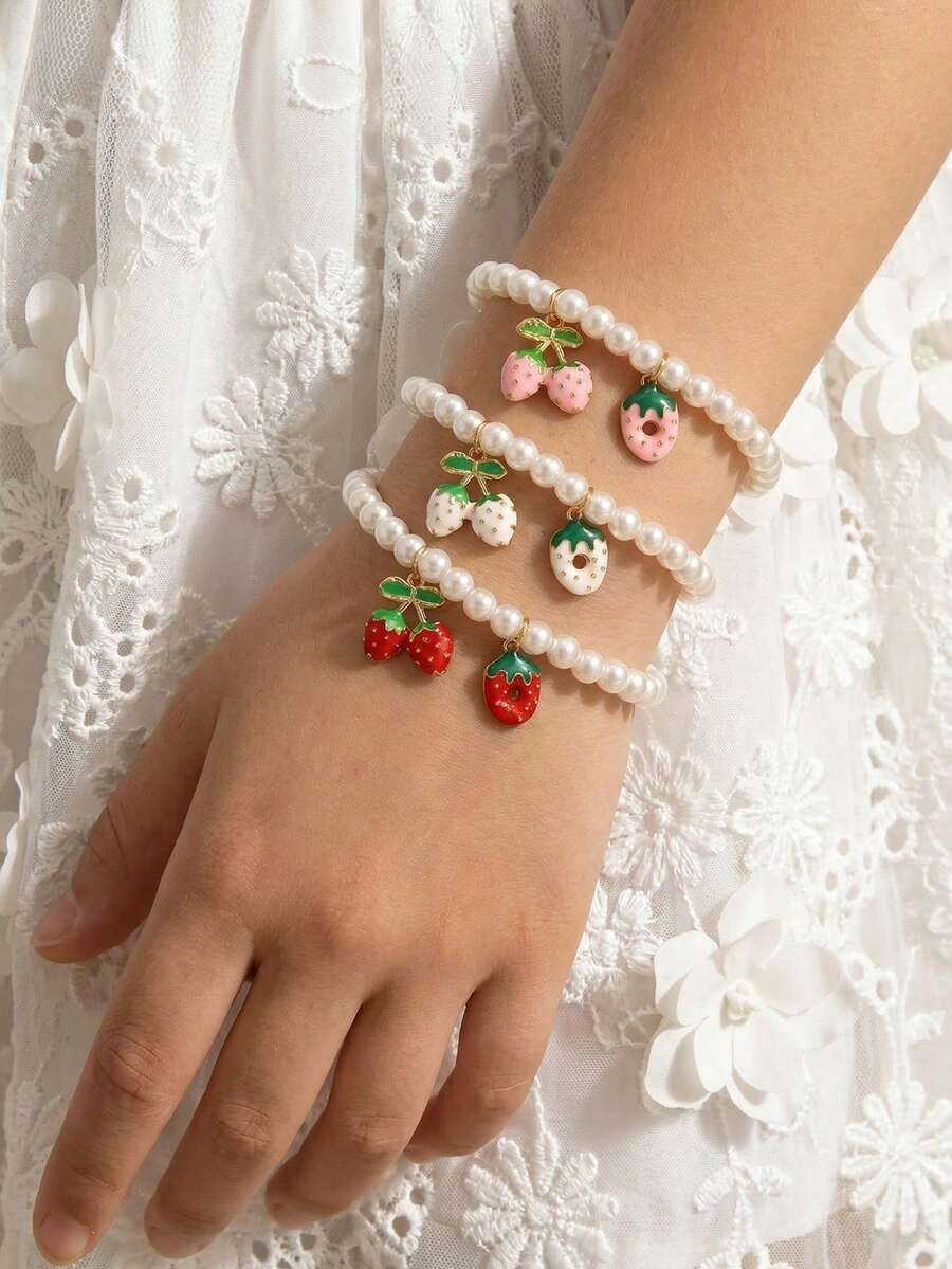Bộ 1/3 vòng tay hạt ngọc trai mặt dây chuyền hình giọt dầu và dâu tây cho bé gái - Nhiều màu - Xem 1