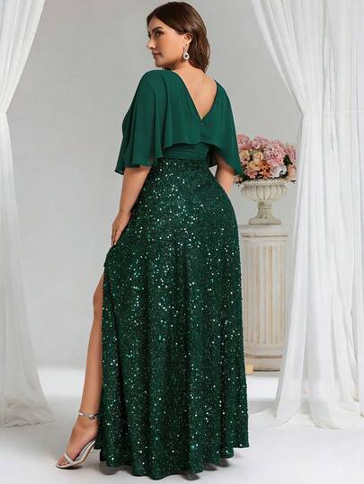 Đầm dạ hội maxi dáng rộng, thanh lịch bằng chiffon đính sequin, cổ chữ V, tay cánh bướm, thích hợp cho khách dự đám cưới, lễ tốt nghiệp, tiệc sinh nhật và các dịp lễ hội.