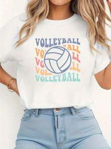 CHICLY19 Retro Cotton Camisole With Volleyball Graphic Print, Women's Sports Camisole With Team Player Print, Casual White Short Sleeve Round Neck Top, Pastel Aesthetic Cotton Camisole For Daily Wear And On Game Days, Breathable And Comfortable. - 白色 - 查看 6