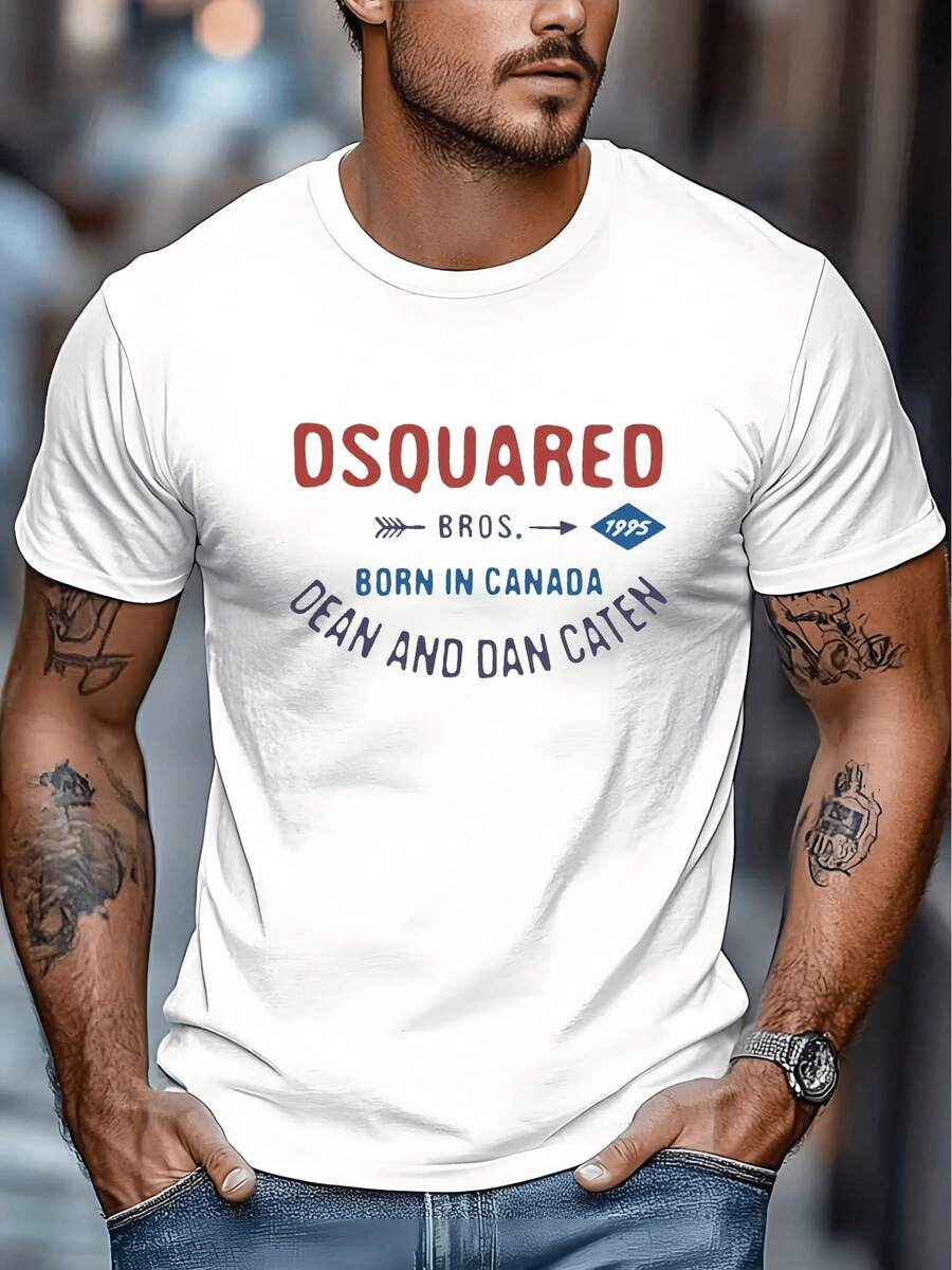 DSQUARED Men's Short Sleeve T-Shirt With Distressed Style, Canadian Letter Pattern, Vintage Texture Elements, Graffiti Effect, Lightweight Luxury Urban Style, Breathable, Sweat-Absorbing, Casual And Men's Outfit, Short Sleeve Top. - 白色 - 查看 1